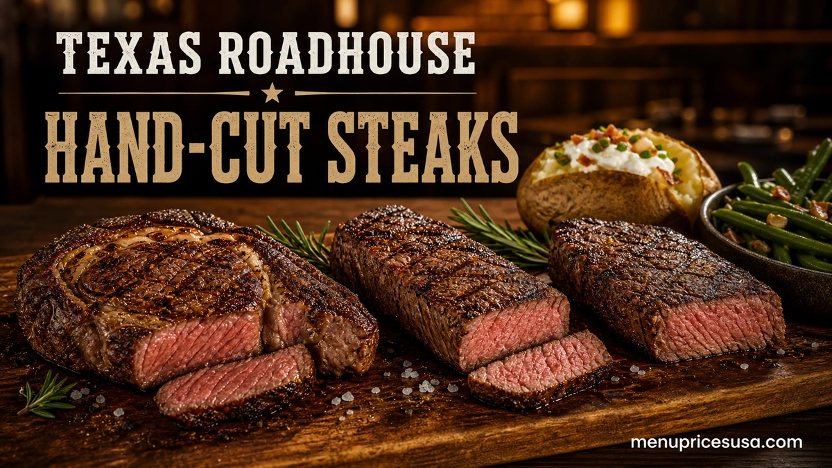 Texas Roadhouse hand-cut steaks including sirloin, ribeye and filet with sides