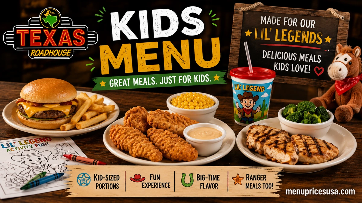 Texas Roadhouse Kids Menu items including mini-cheeseburgers, chicken tenders and mac and cheese