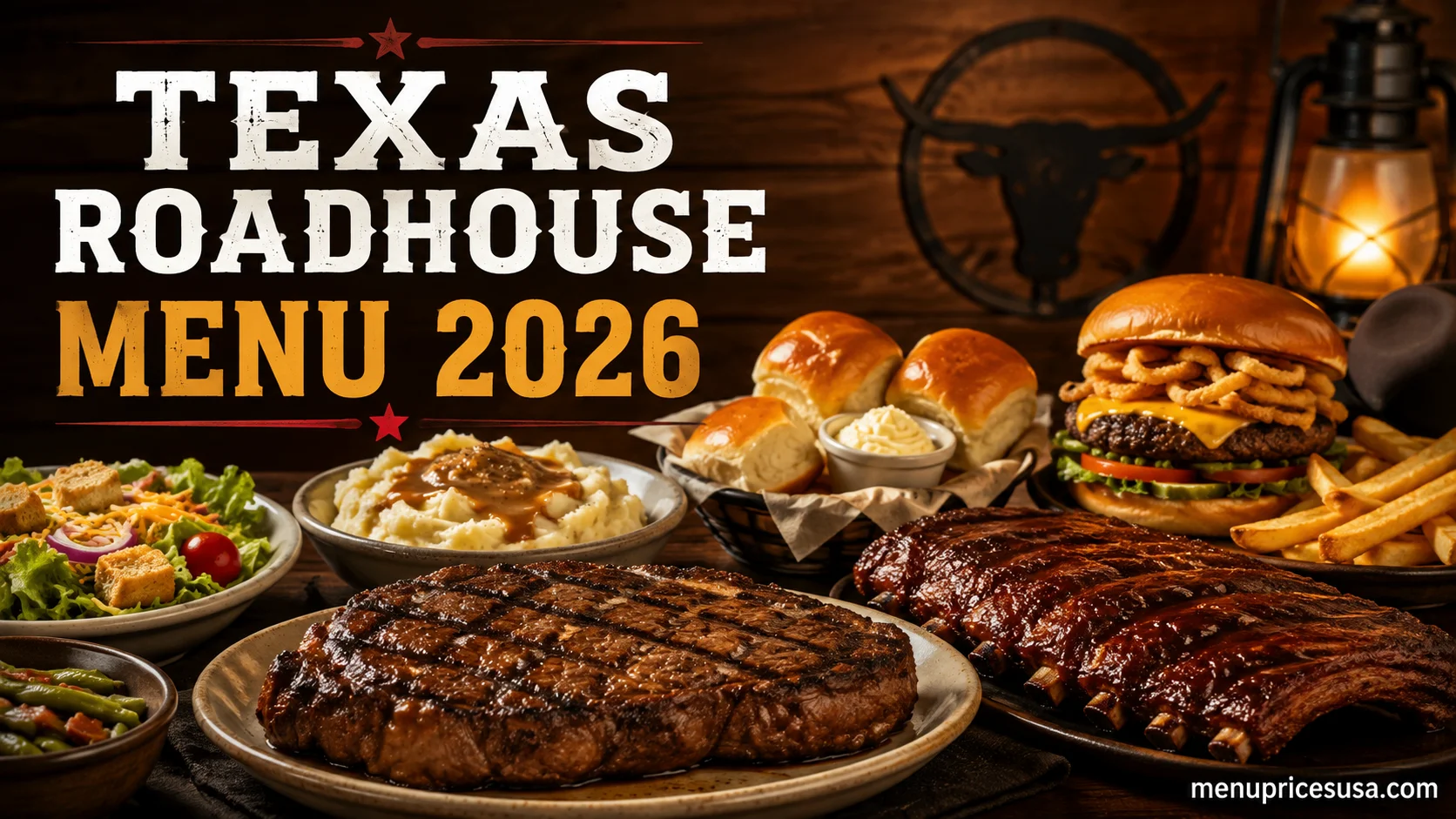 Texas Roadhouse menu prices 2026 with a hand-cut steak, ribs, rolls and a salad