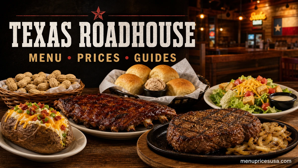 Texas Roadhouse guide featuring hand-cut steak, ribs, chicken critters, salad and fresh-baked bread