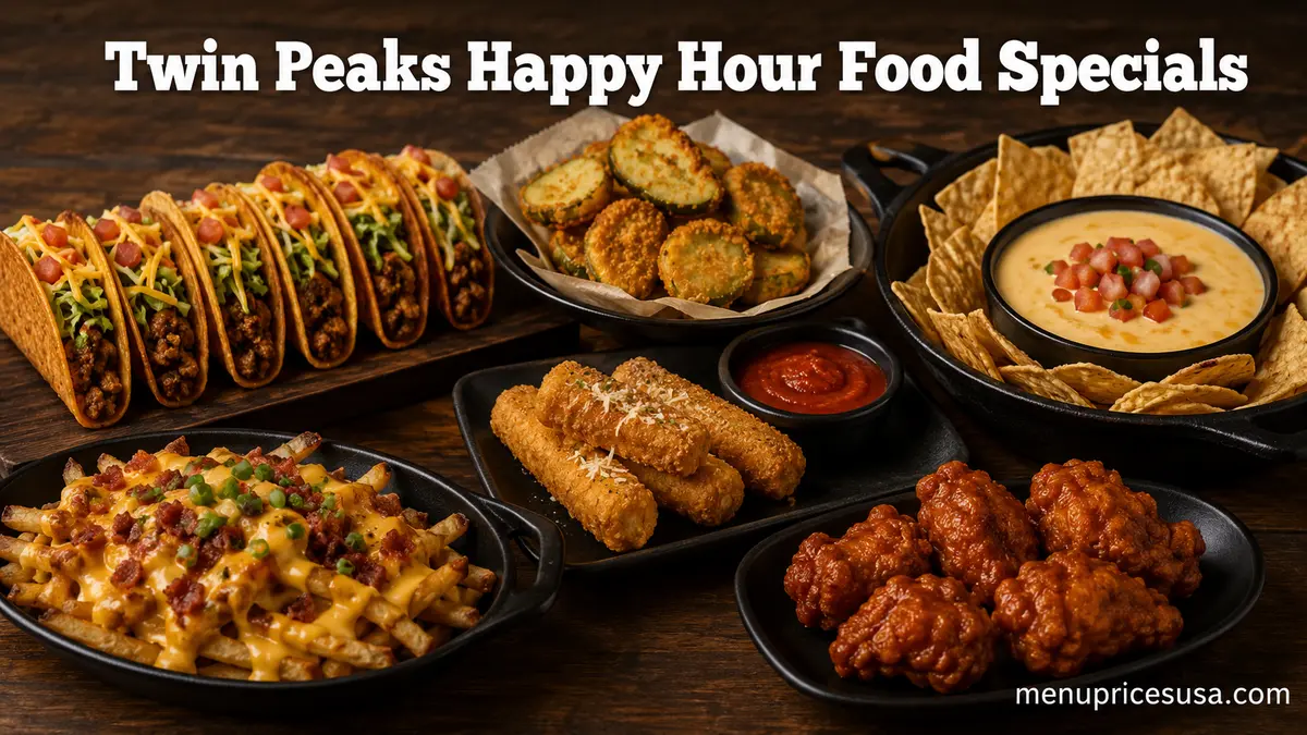 Happy Hour appetizer specials including mini tacos, fried pickles, queso, loaded fries and boneless wings