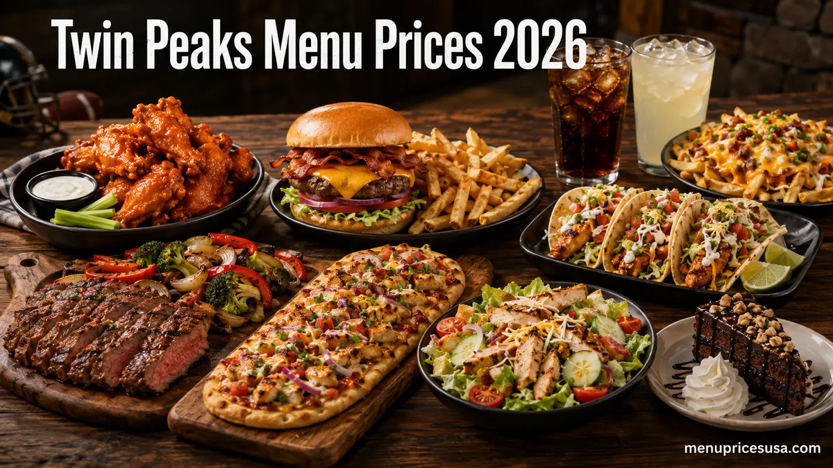 Twin Peaks menu spread with wings, burgers, tacos, steak, loaded fries and nonalcoholic drinks