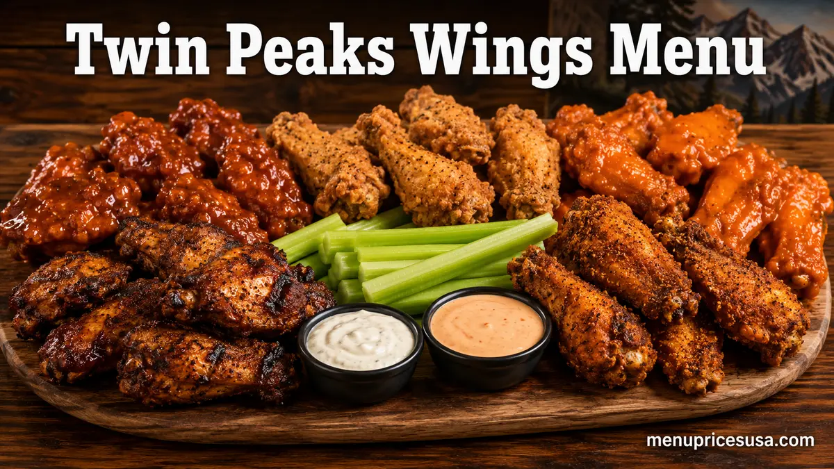 Twin Peaks wings in several sauces and dry rubs with celery and dipping sauces