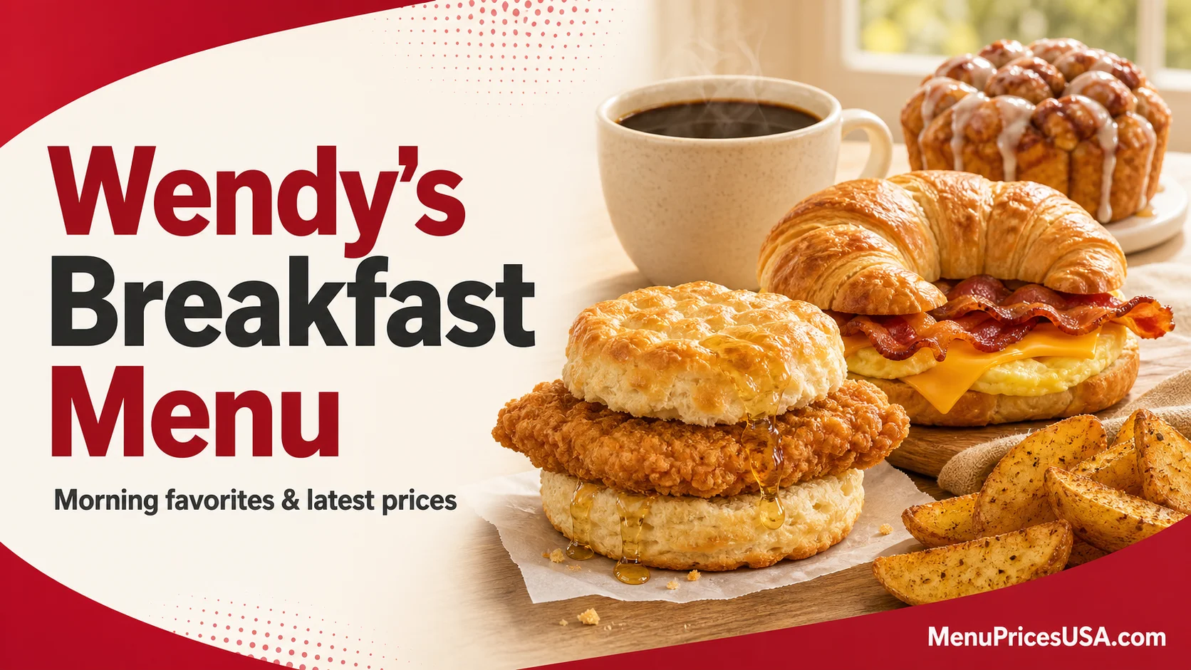 Wendy's breakfast menu prices featuring a chicken biscuit, bacon egg croissant, seasoned potatoes, coffee and cinnamon pastry