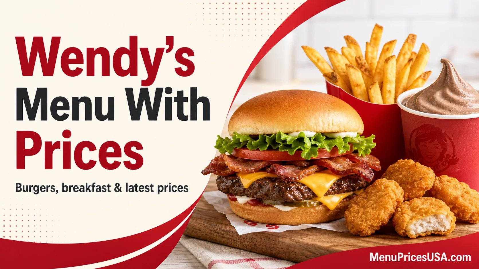 Wendy's menu with prices featuring burgers, chicken, fries and a Frosty