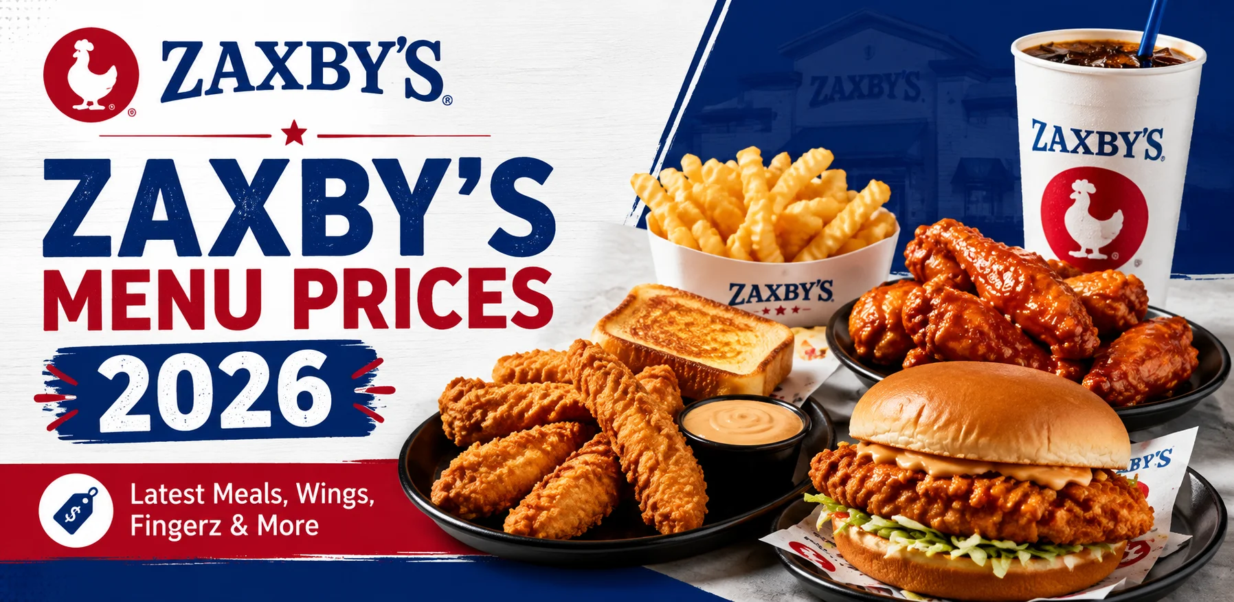 Zaxby's menu with chicken Fingerz, wings, fries, Zalad and Zax Sauce