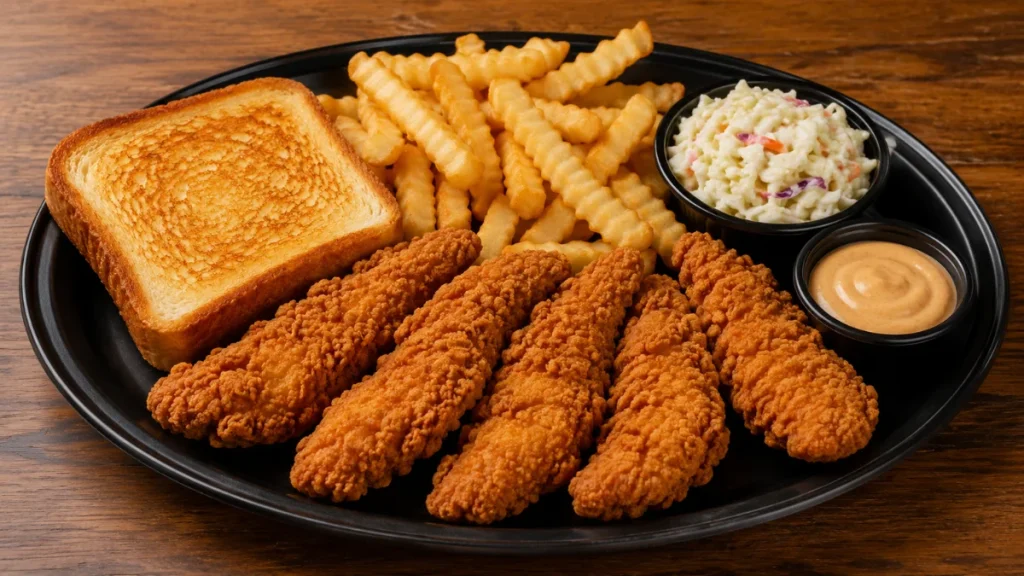 Zaxby's Chicken Finger Plate with fries toast and Zax Sauce