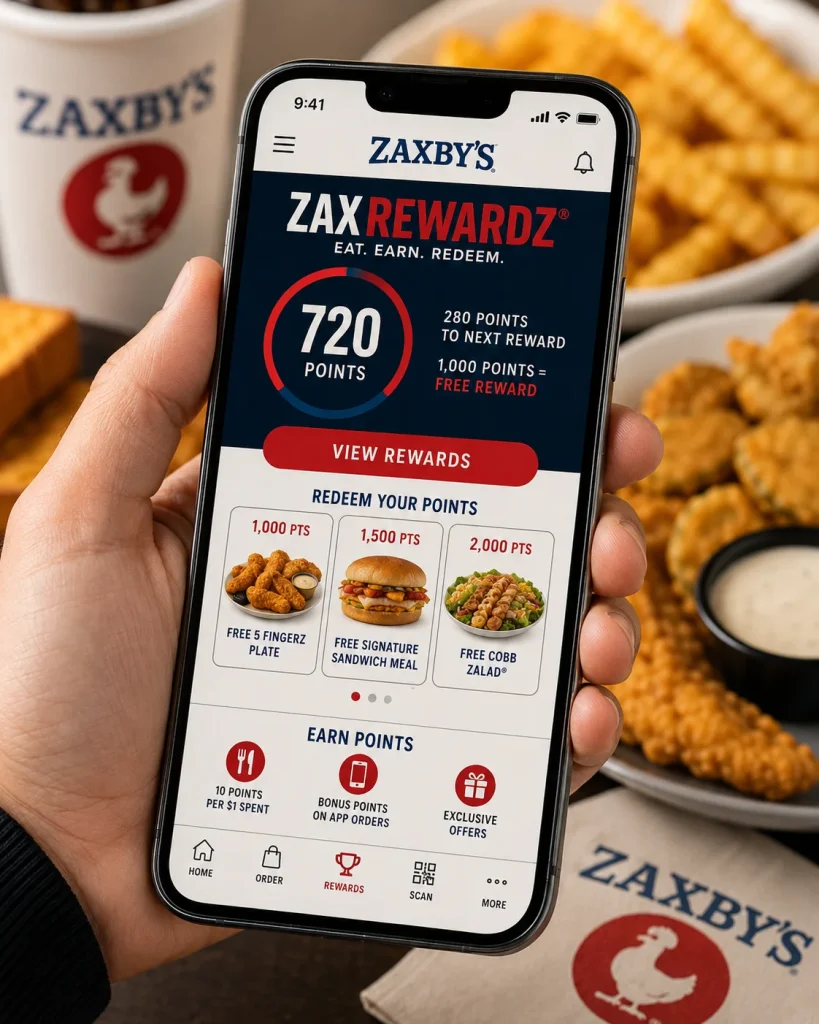 Zax Rewardz points and redemption screen on the Zaxby's app