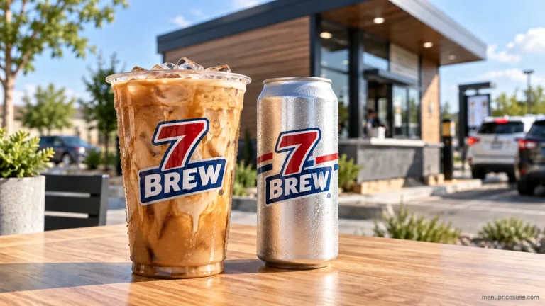 7 Brew brand guide featuring a drive-thru stand, an iced Blondie and a Seven Energy drink