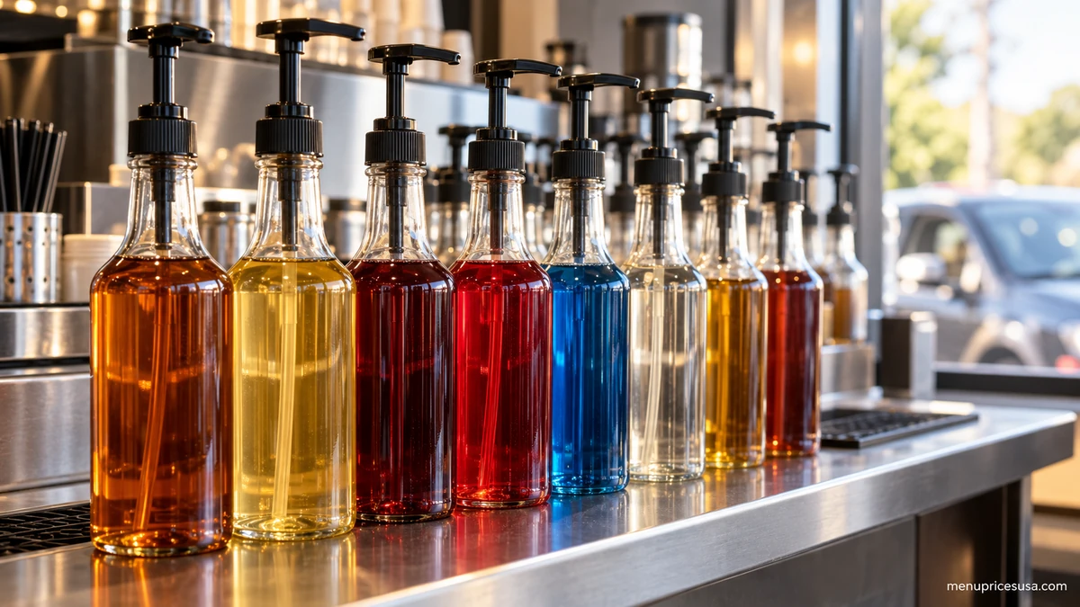 Rows of flavored syrup bottles used to customize 7 Brew drinks