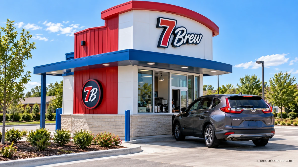 7 Brew drive-thru stand at dusk with hours posted