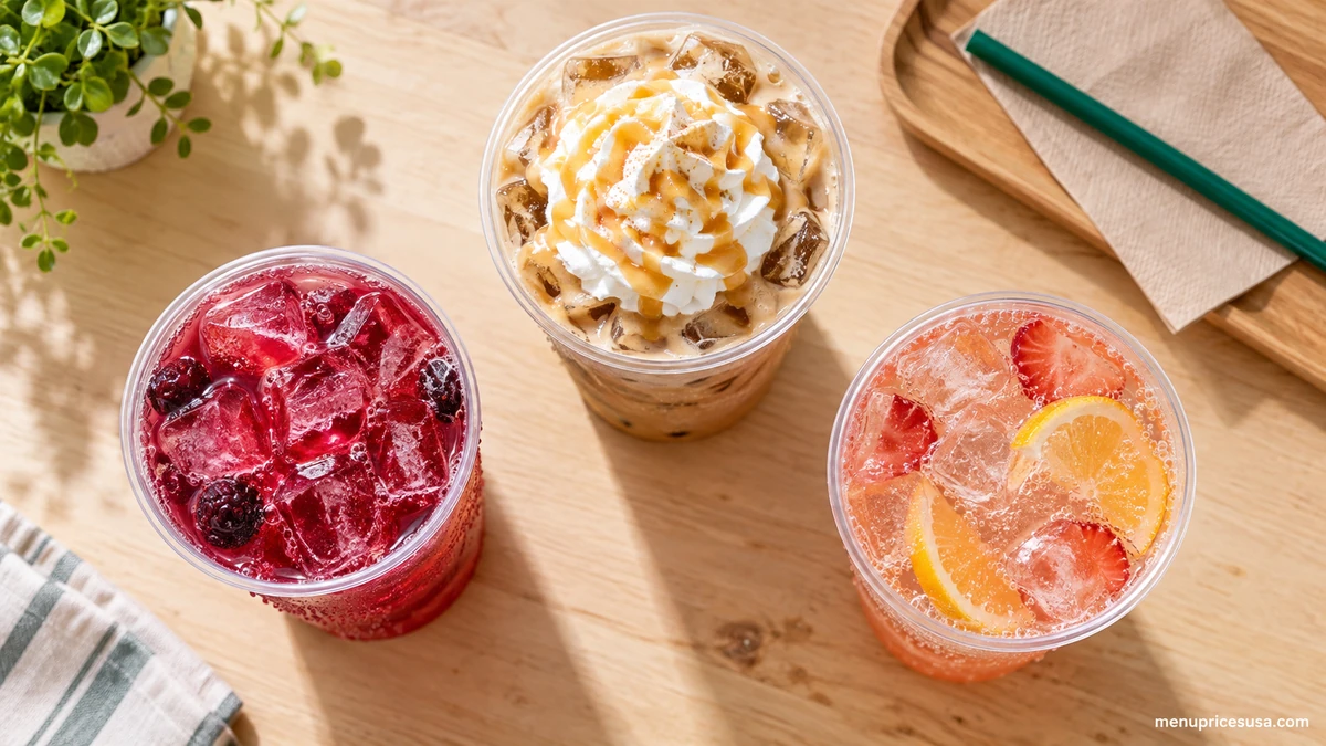 7 Brew menu prices 2026 with a Blondie, a Seven Energy drink and a Seven Fizz soda