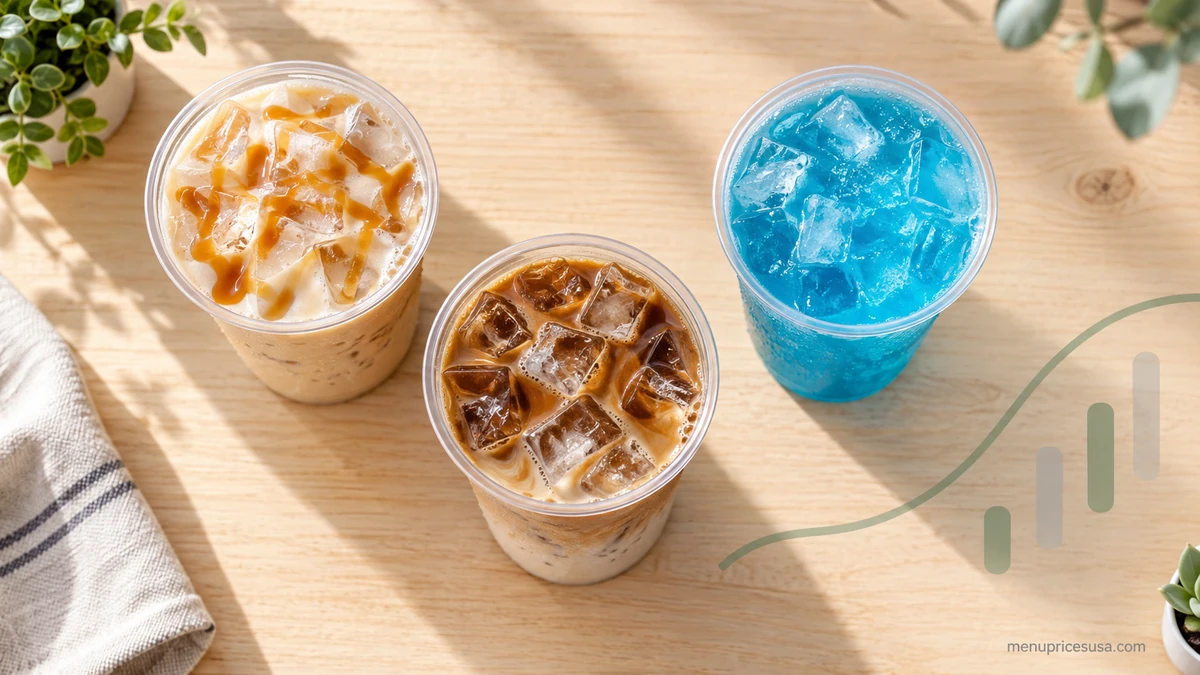 7 Brew drinks lined up with a calorie chart overlay