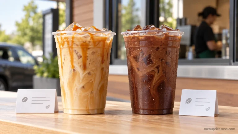 7 Brew Nutrition Menu, drinks lined up with a calorie chart overlay