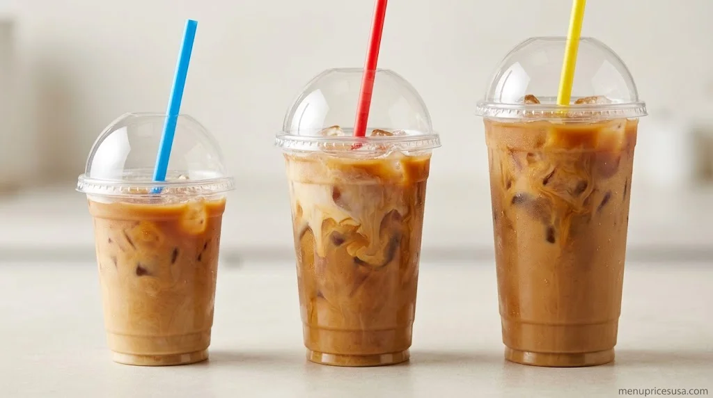 7 Brew Small, Medium, and Large iced cups side by side