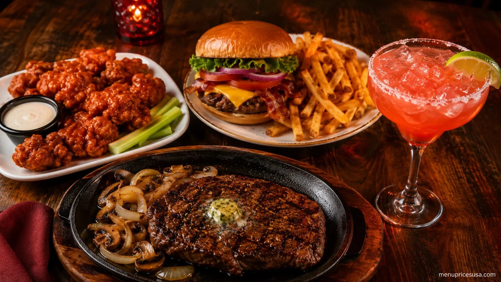 Applebee's brand guide featuring Boneless Wings, a Classic Bacon Cheeseburger, a Top Sirloin steak and a Signature Cocktail To Go