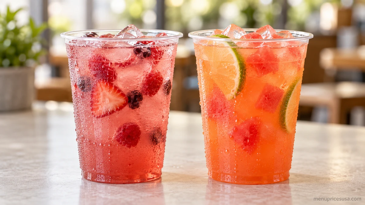 Chipotle organic aguas frescas in cups at the fountain drink station