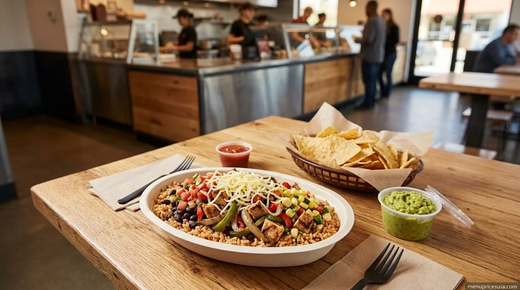 Chipotle brand guide featuring a burrito bowl, chips and guacamole, and a storefront