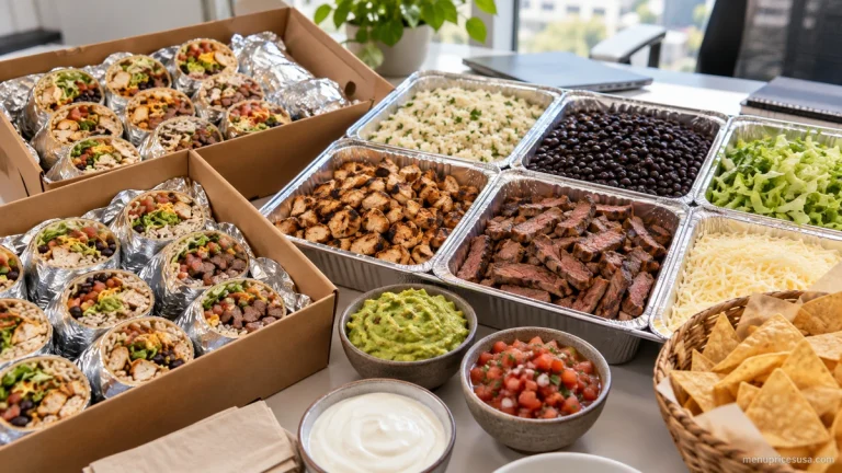 Chipotle catering menu spread with burrito boxes, chips and salsa for a group
