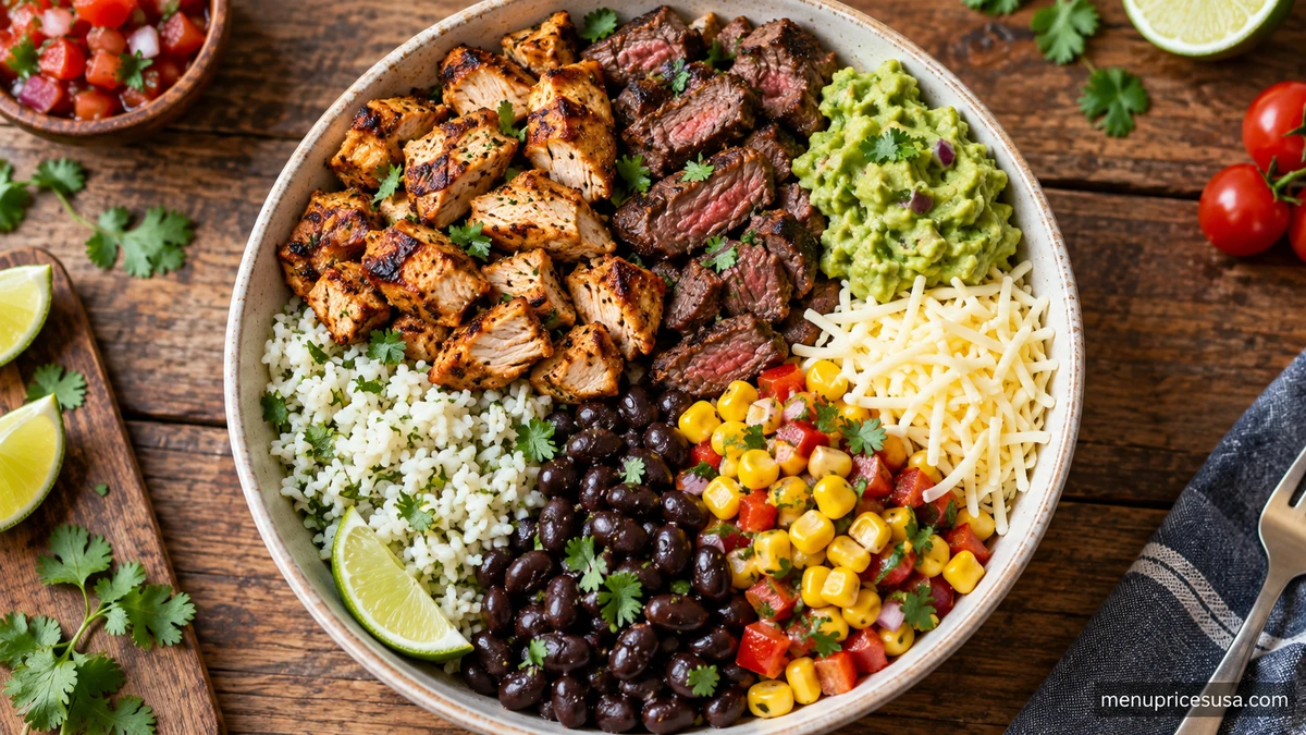 Chipotle nutrition menu 2026 with a burrito bowl and a calorie chart overlay