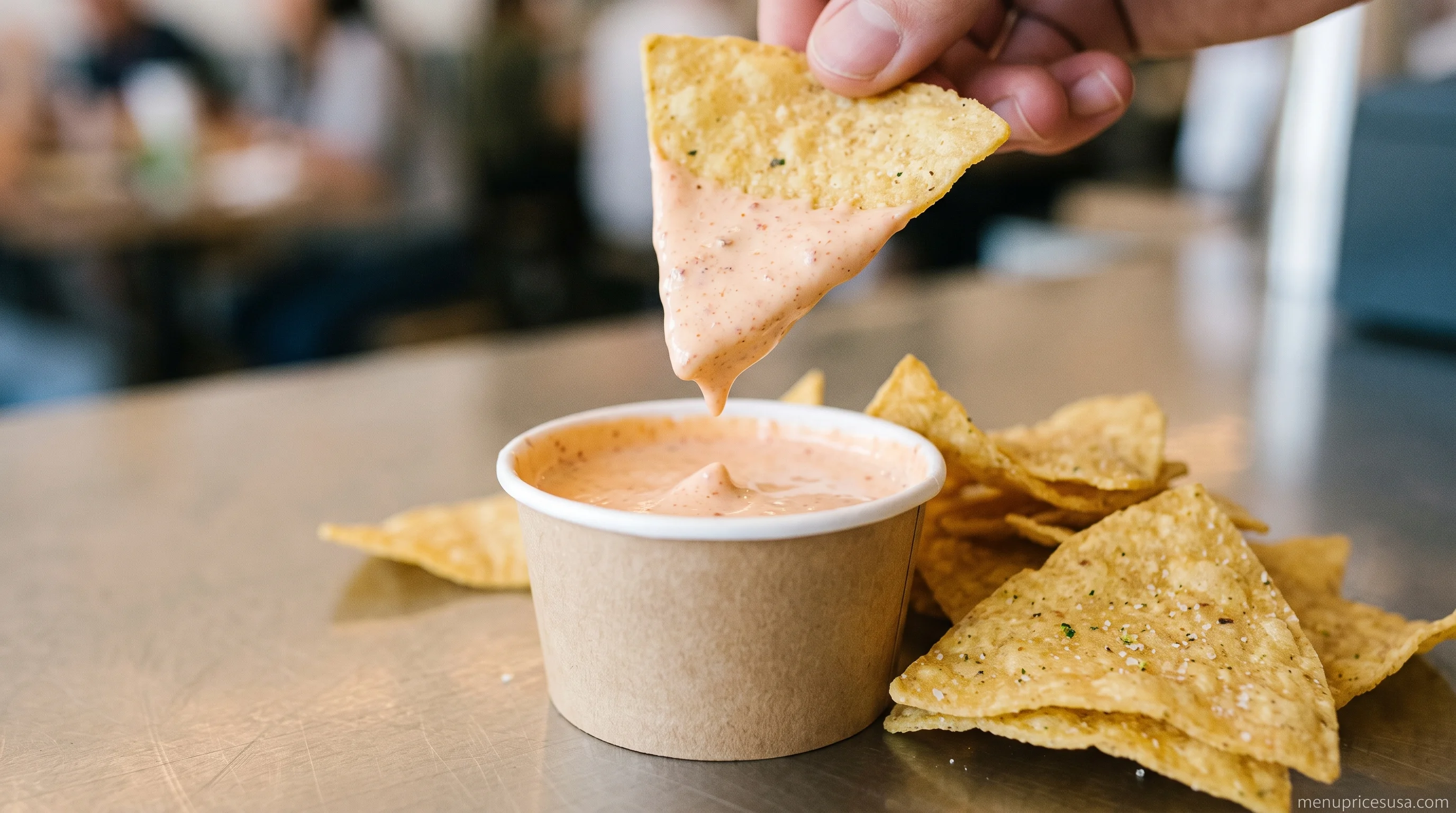 Chipotle Dragon Sauce, a mix of sour cream and red chili salsa, in a small cup