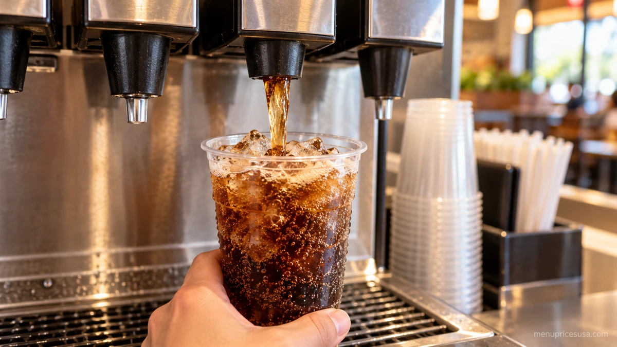 Chipotle fountain drink station with cups of soda and organic aguas frescas