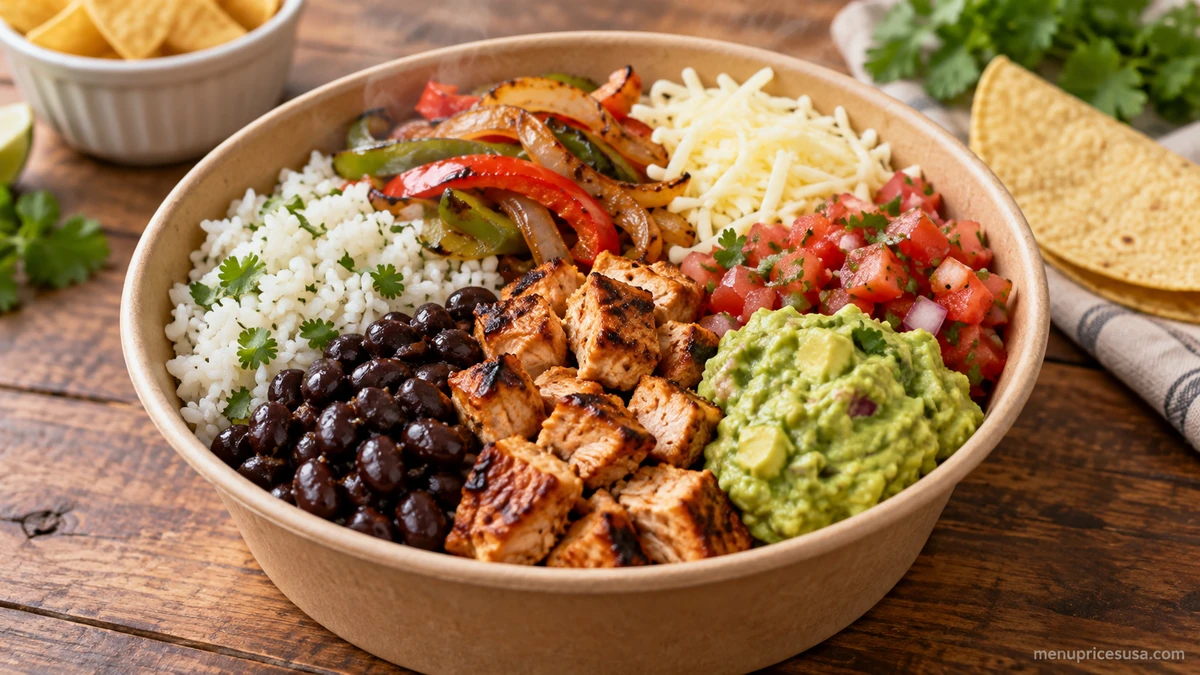 Chipotle gluten-free menu burrito bowl with rice, beans, chicken and toppings