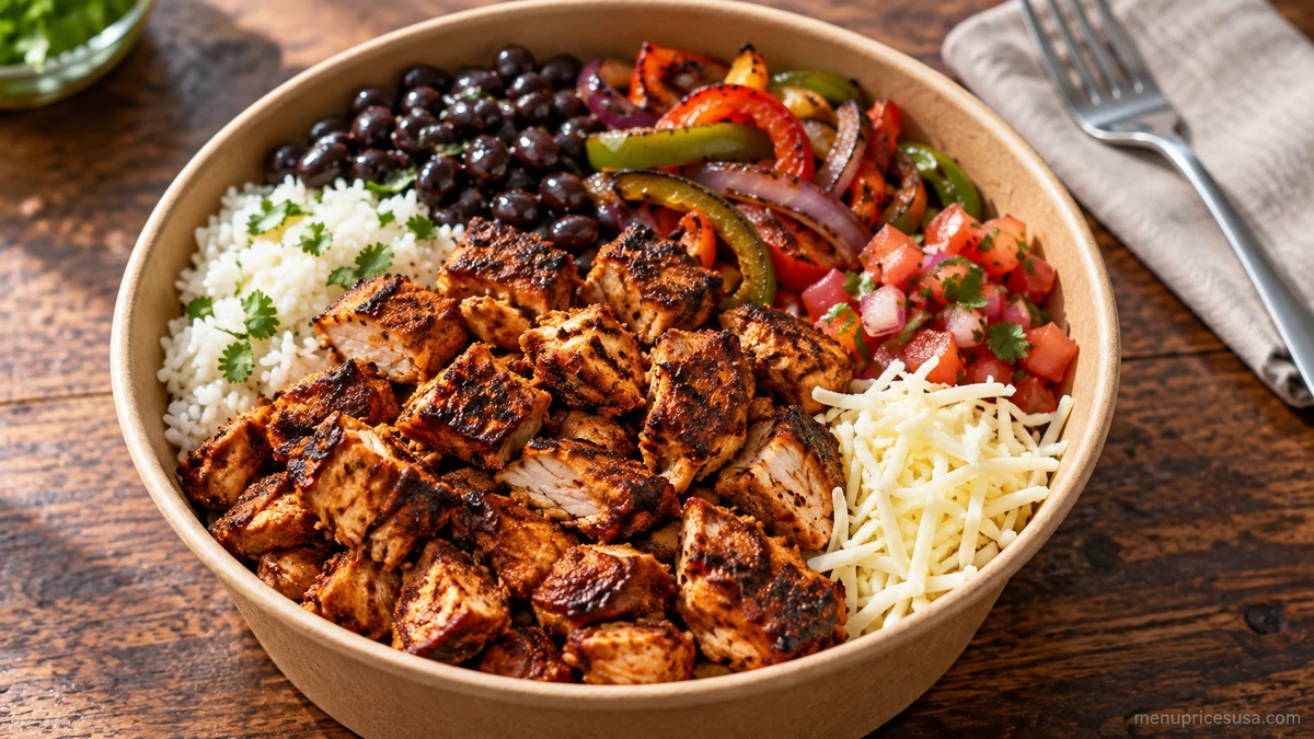 Chipotle Double High Protein Bowl with chicken, rice, beans and fajita veggies