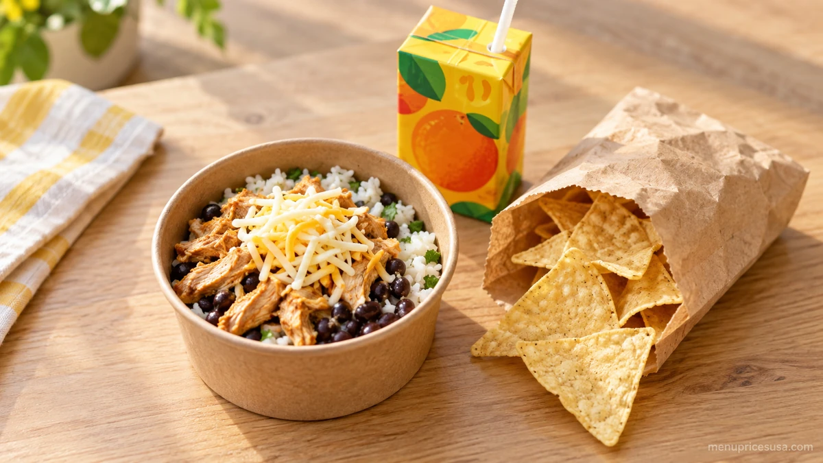 Chipotle kids meal with a small burrito bowl, chips and a juice box