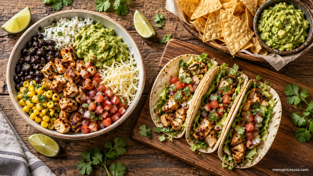 Chipotle menu prices 2026 with a chicken burrito bowl, tacos and chips and guacamole