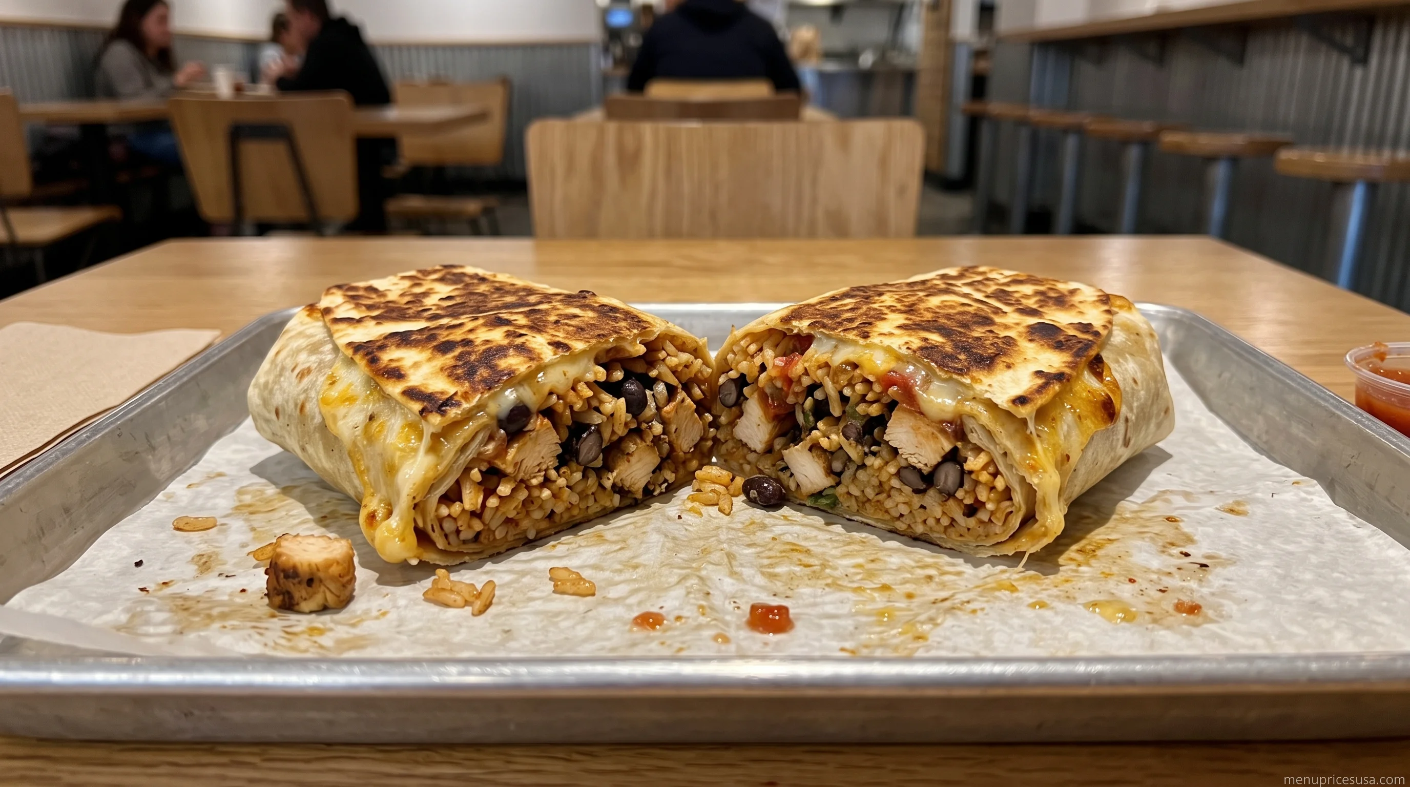 Chipotle Quesarito cut in half showing burrito filling wrapped in a quesadilla tortilla