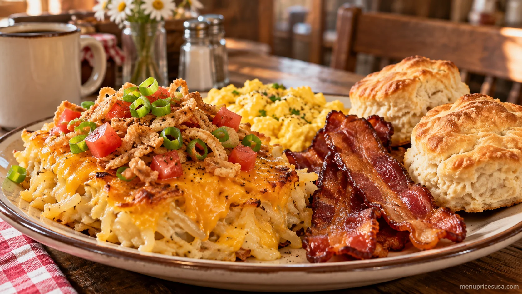 Cracker Barrel Bacon & Egg Hashbrown Casserole topped with crispy fried onions, diced tomatoes and green onions, served with buttermilk biscuits