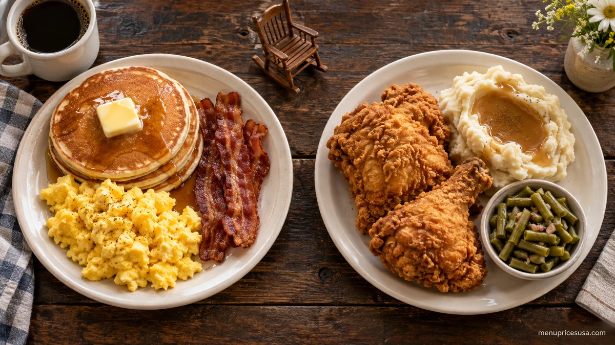 Cracker Barrel brand guide featuring a homestyle breakfast platter, a dinner plate and the country store