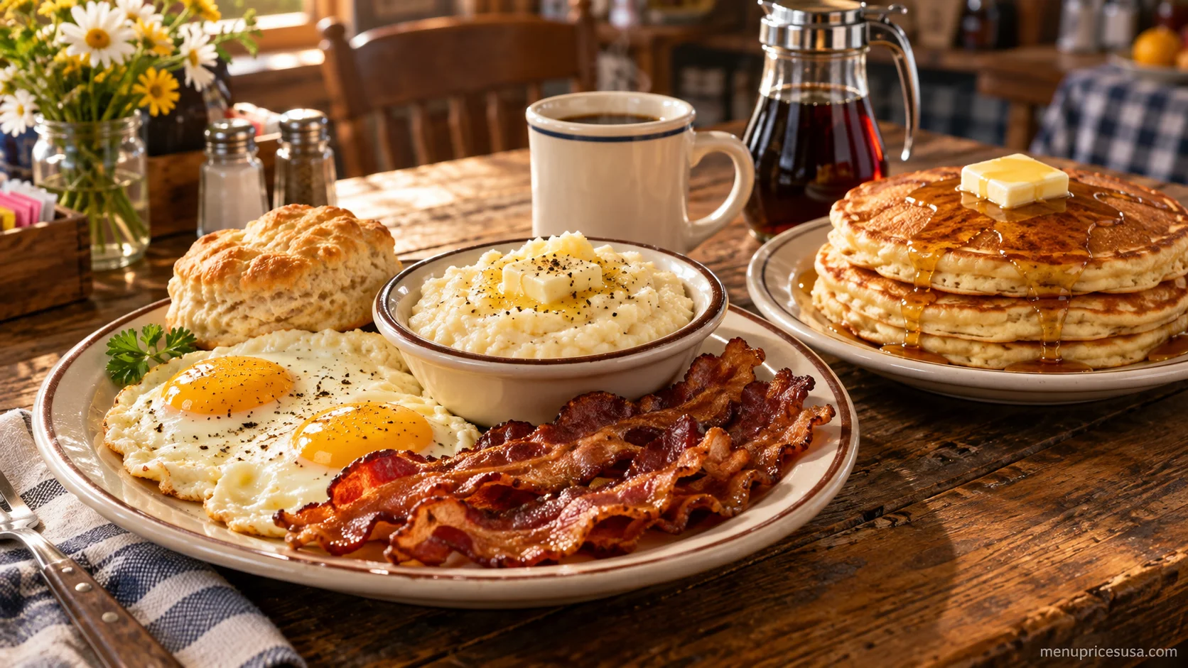 Cracker Barrel all-day breakfast spread with an Old Timer's Breakfast platter and a stack of buttermilk pancakes