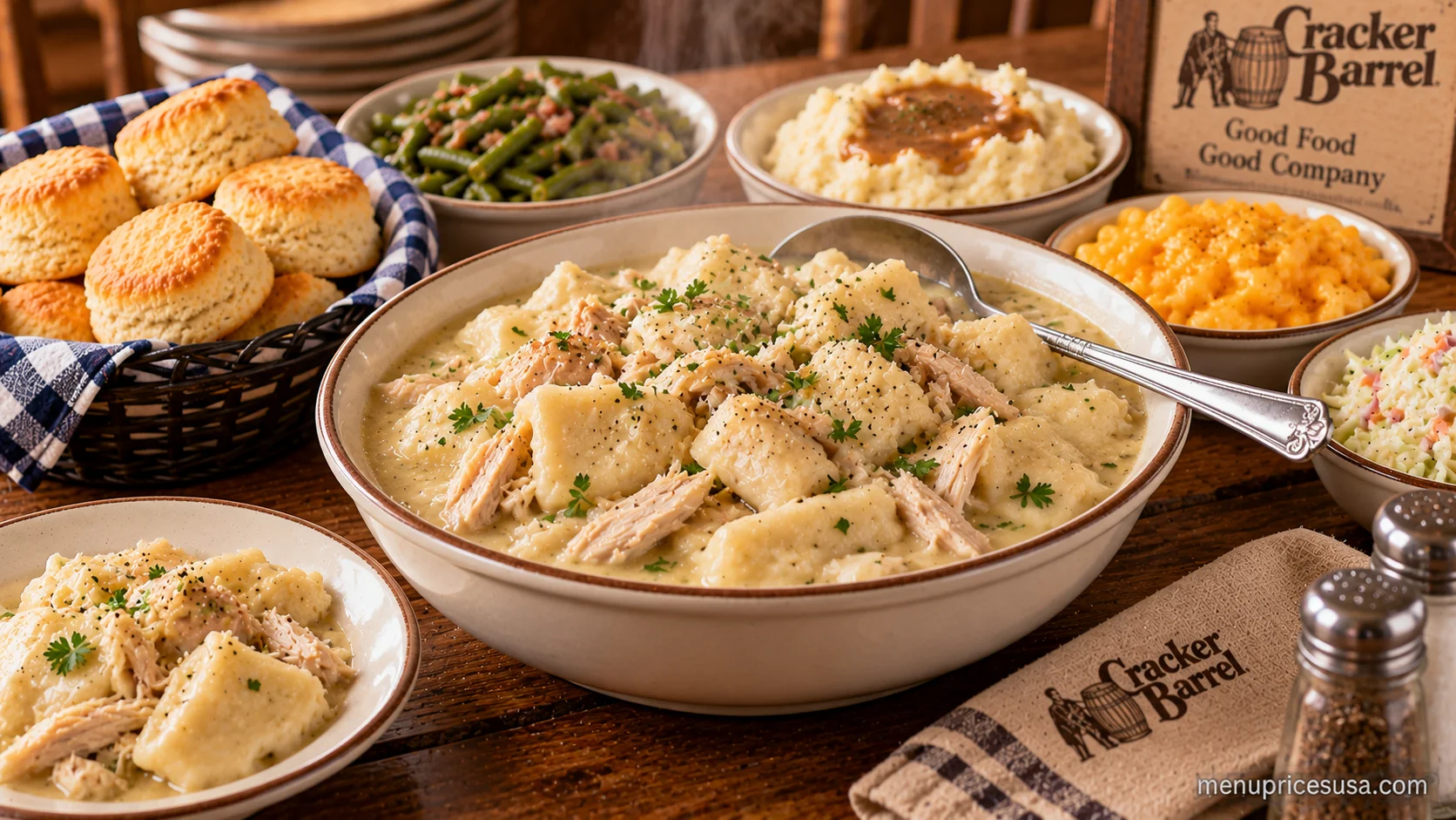 Cracker Barrel Chicken n' Dumplins Family Meal, ready to share, with sides and buttermilk biscuits