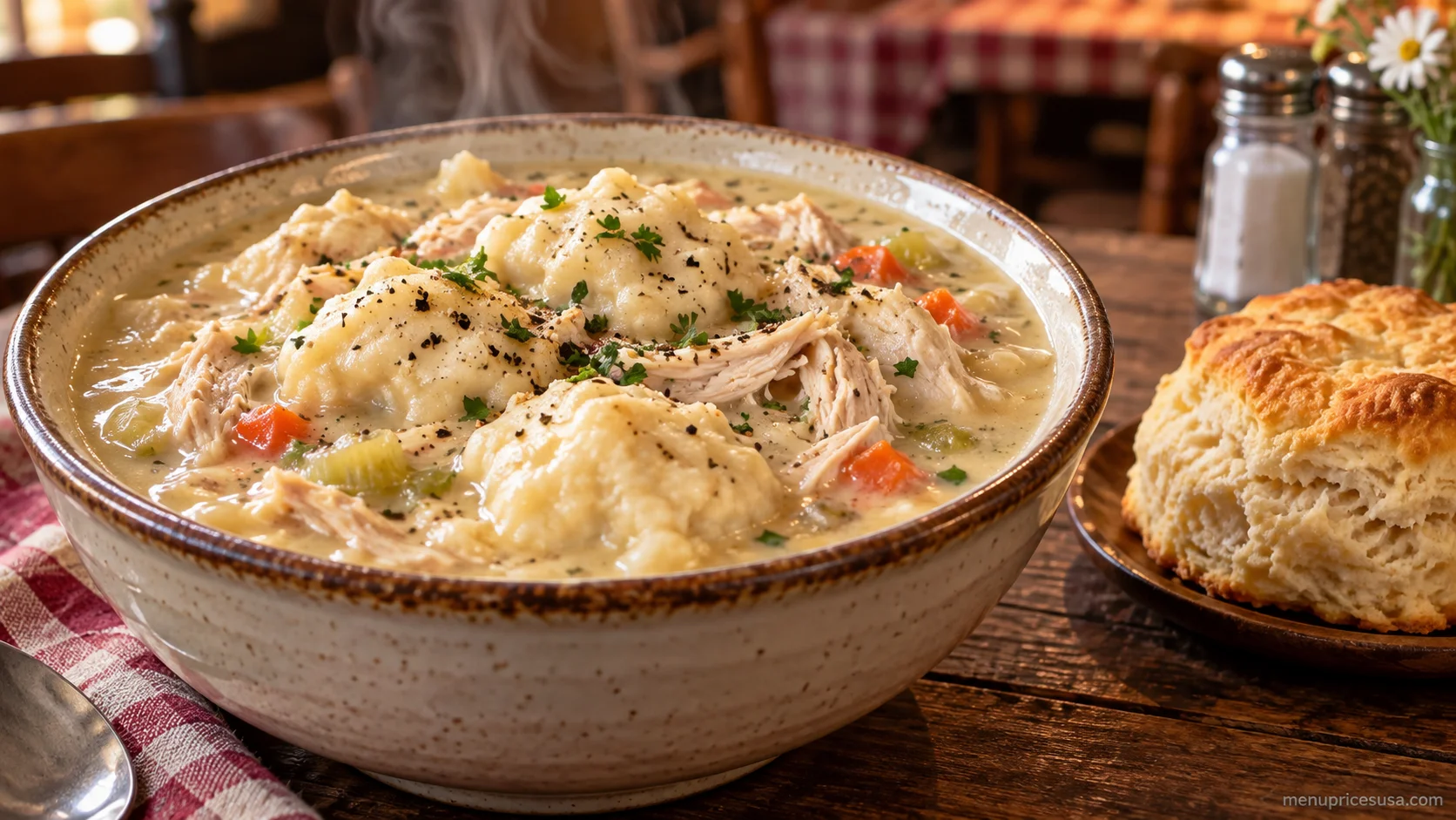 Cracker Barrel Chicken n' Dumplins served with two classic sides and a buttermilk biscuit