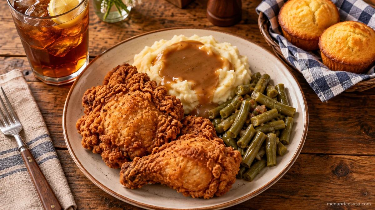 Cracker Barrel dinner plate with a Southern-fried entree and two homestyle sides