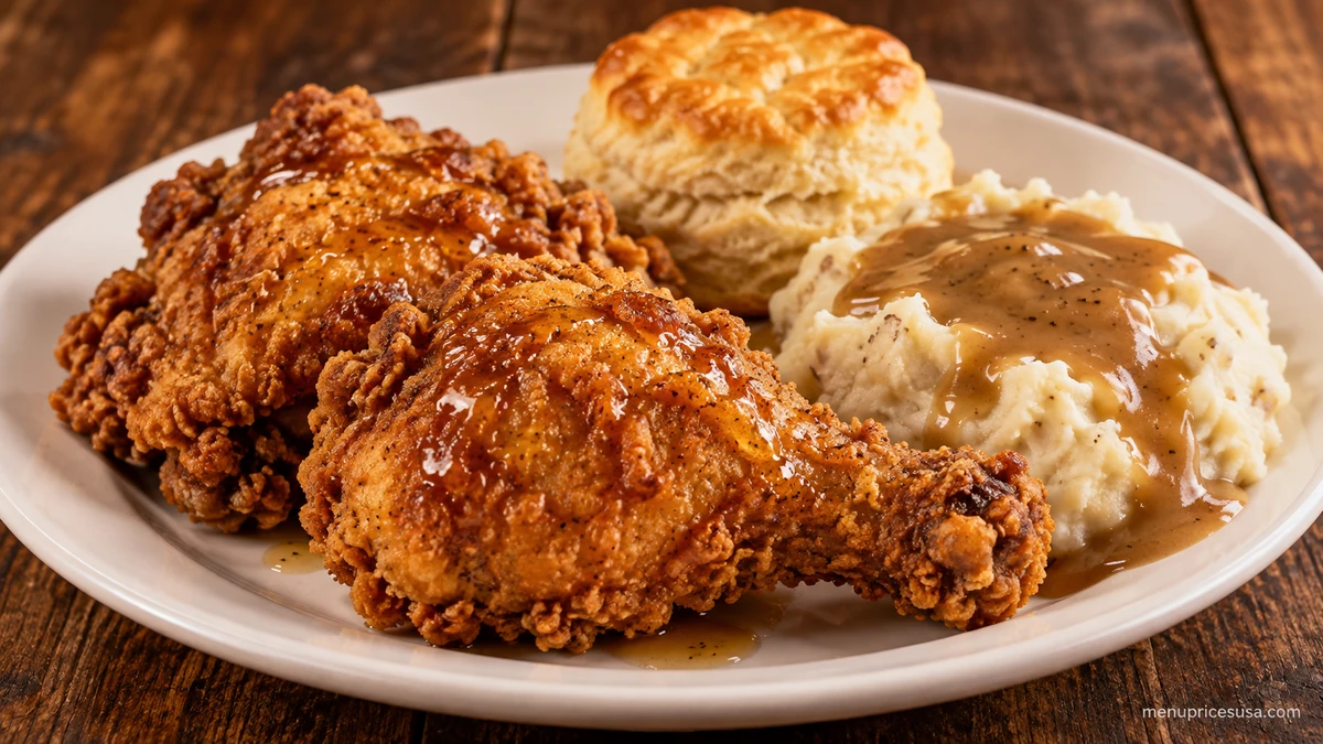 Cracker Barrel Southern Fried Chicken plate with buttermilk biscuits and classic sides
