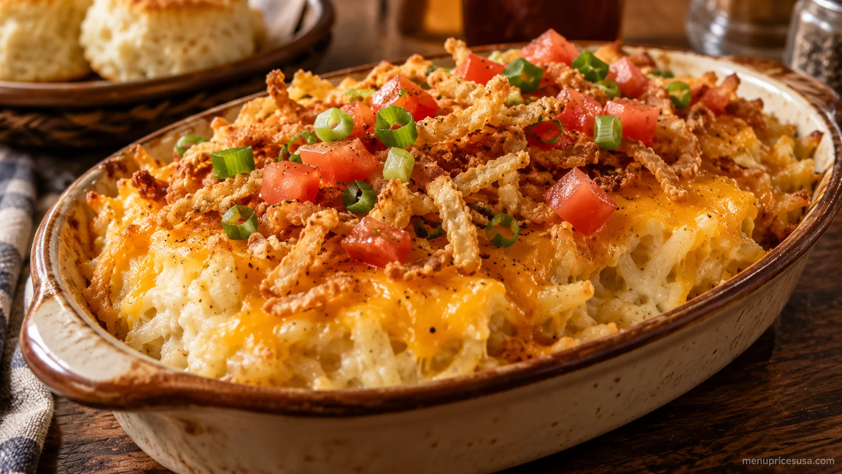 Cracker Barrel Hashbrown Casserole topped with crispy fried onions, diced tomatoes and green onions