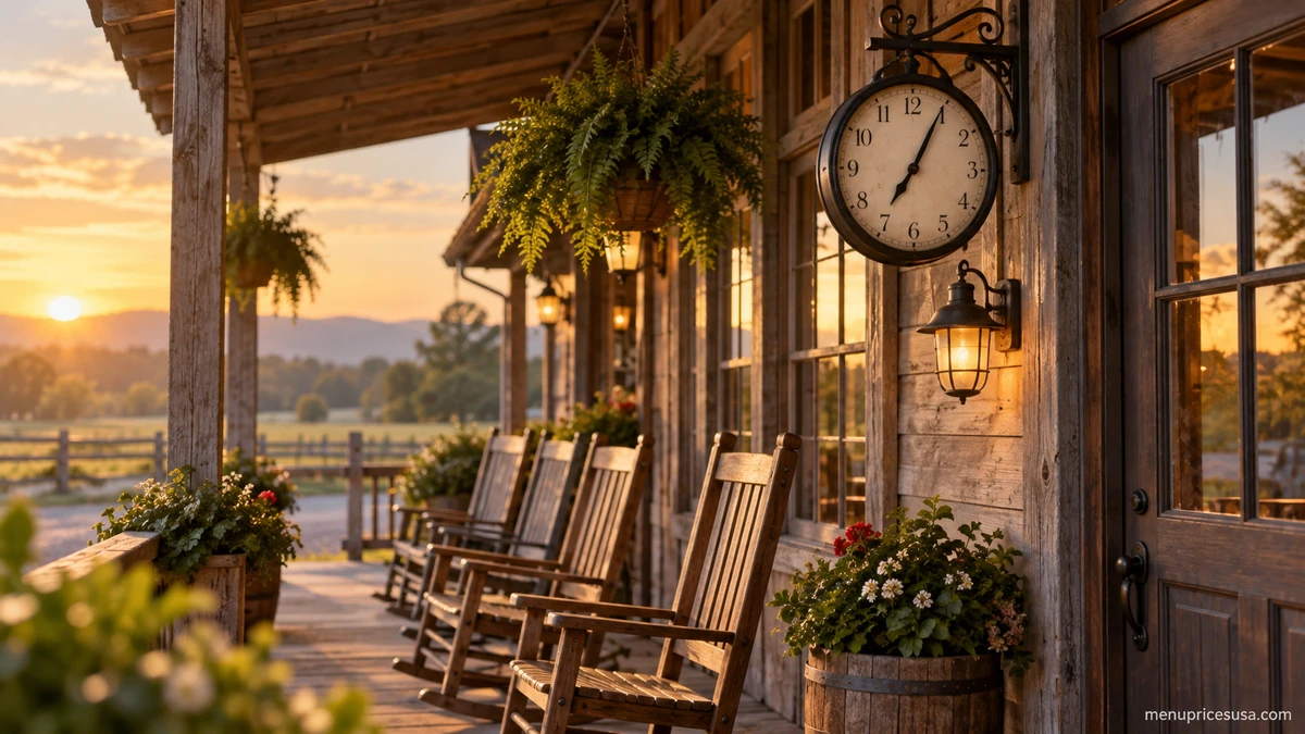 Cracker Barrel storefront with a posted store hours sign and a clock graphic