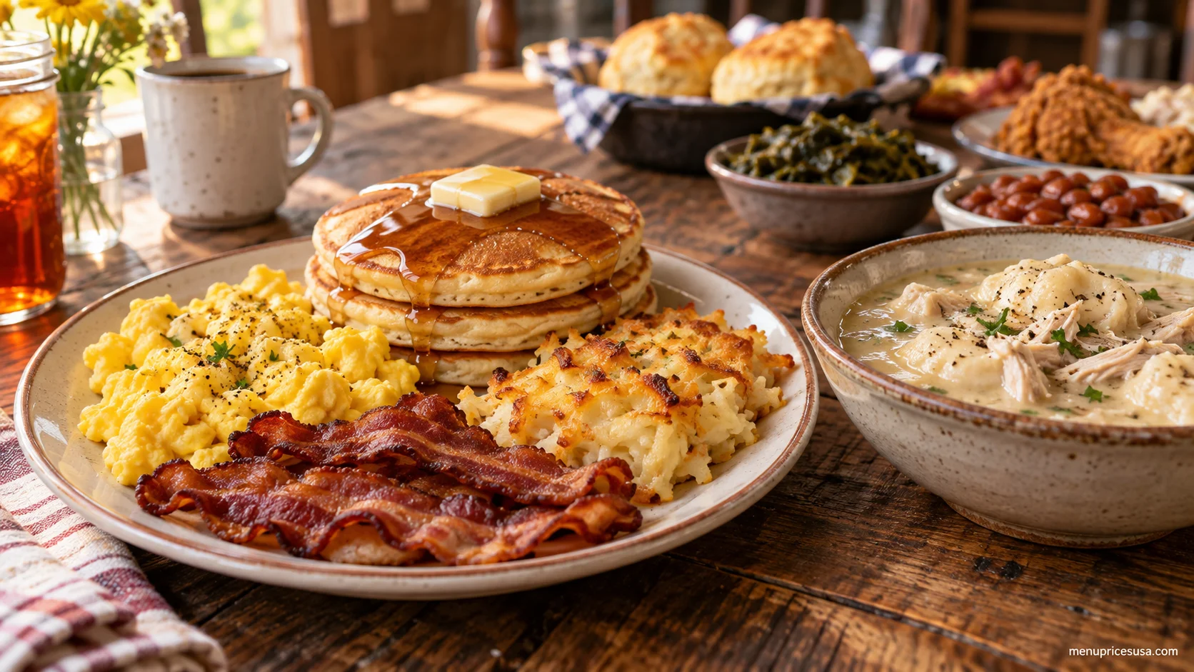 Cracker Barrel menu prices 2026 with an Old Timer's Breakfast platter, a Chicken n' Dumplins entree and a Family Meal spread