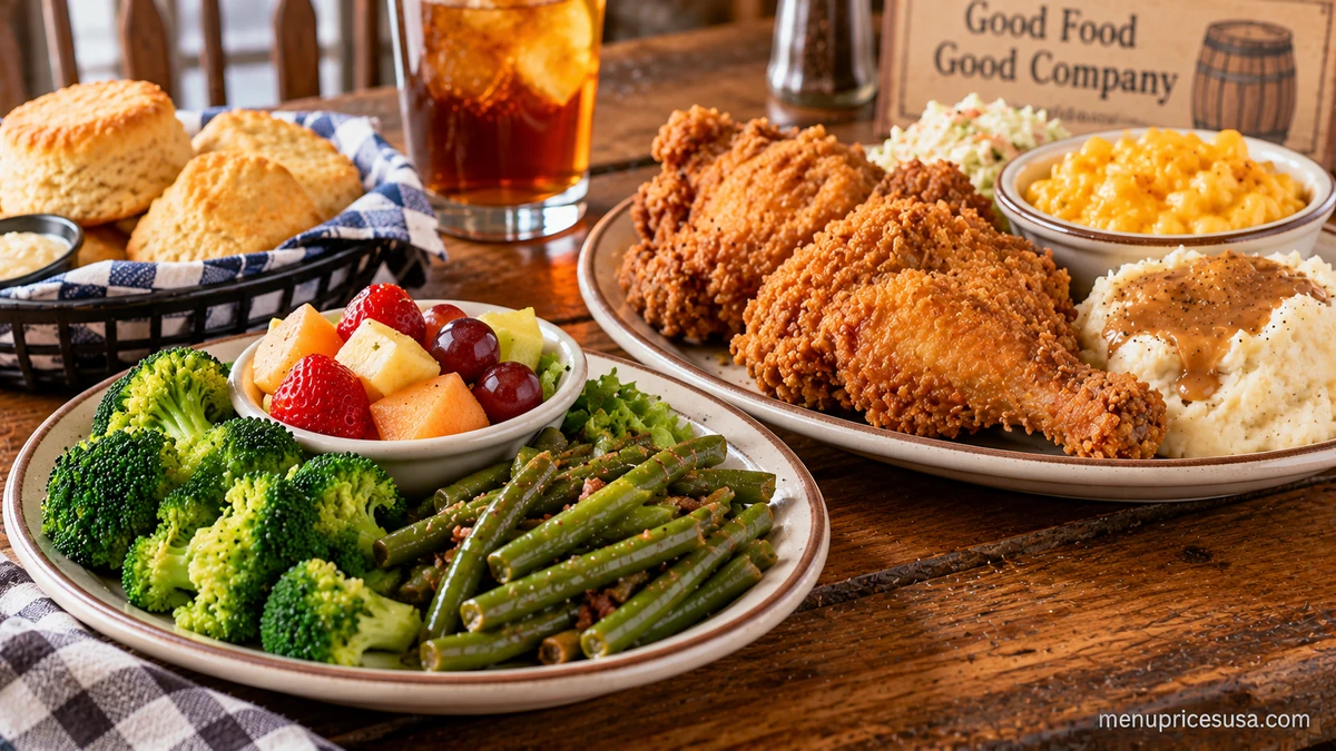 Cracker Barrel Nutrition menu 2026 with a light vegetable side plate and a Weekend Fried Chicken platter