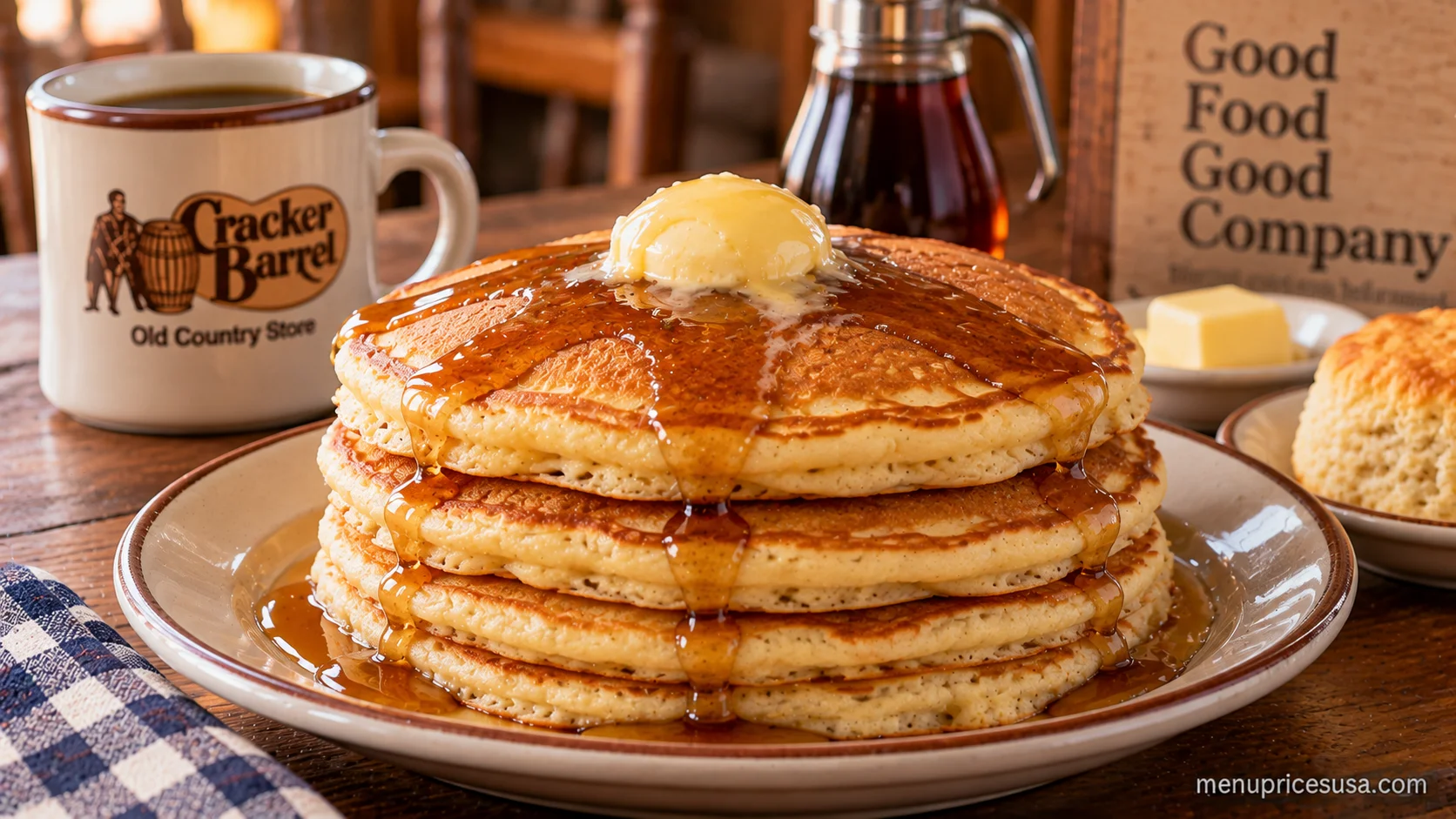 Cracker Barrel World's Best Pancakes stacked with syrup, part of the all-day breakfast menu