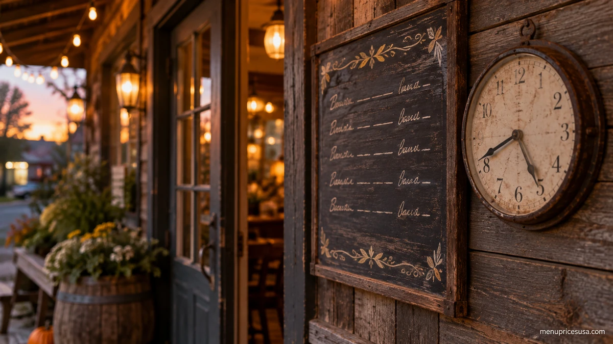 Cracker Barrel storefront with posted hours of operation and rocking chairs on the front porch