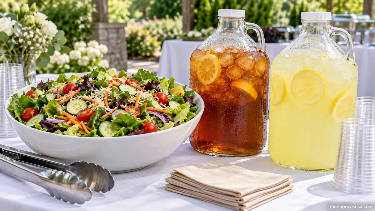Firehouse Subs catering-sized salad next to gallon jugs of tea and lemonade