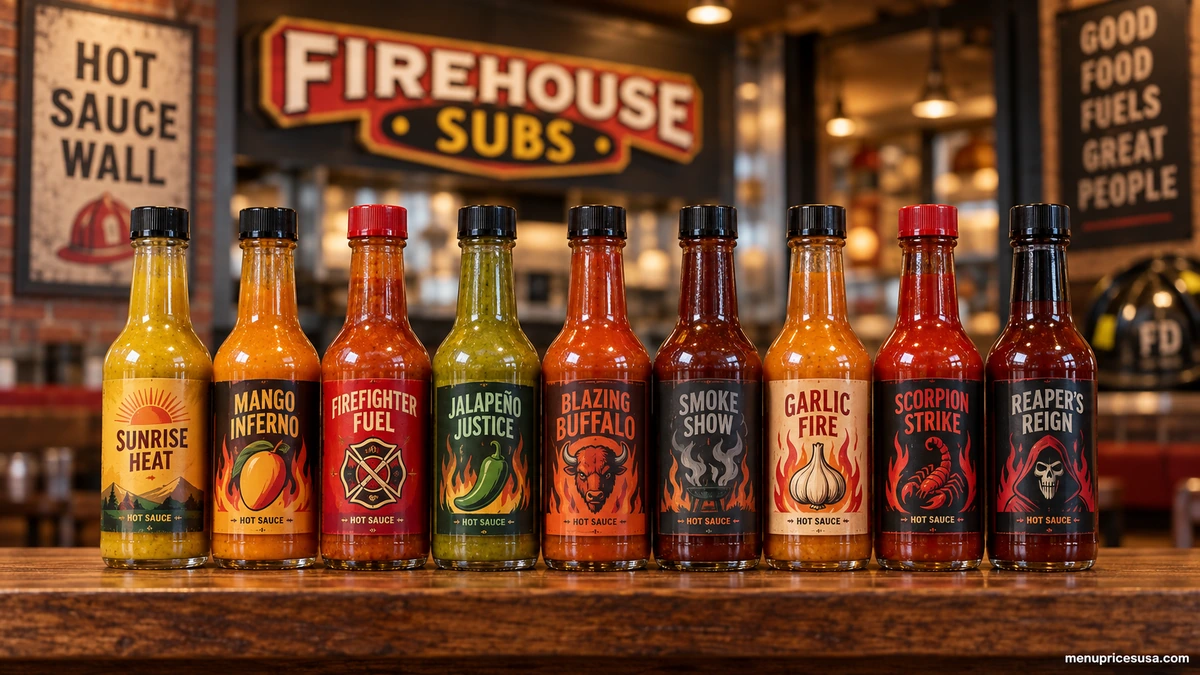 Firehouse Subs Hot Sauce Wall bottles lined up at the counter