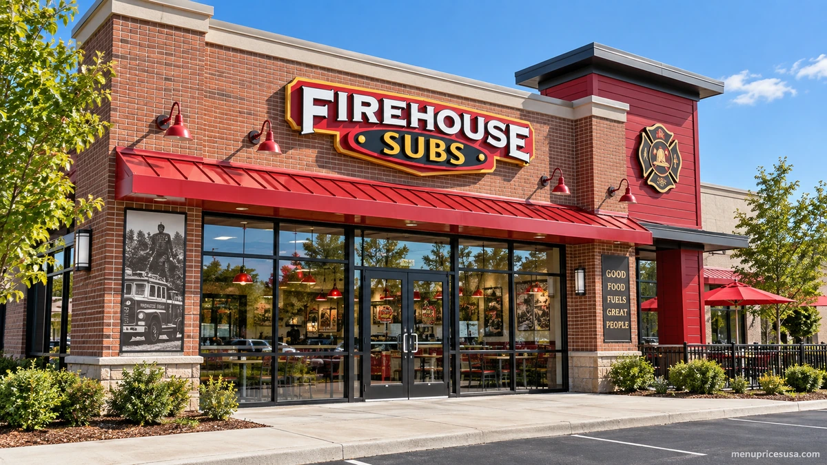 Firehouse Subs restaurant exterior with firehouse-inspired decor