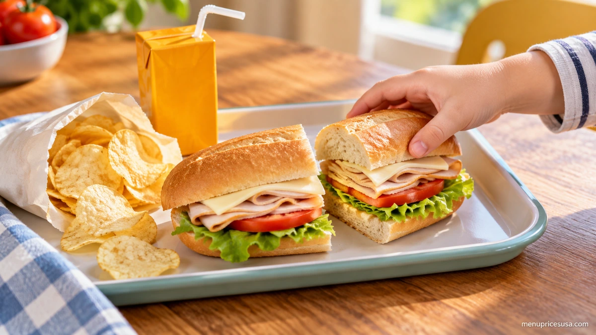 A child's hand reaching for a small sub sandwich and chips on a tray