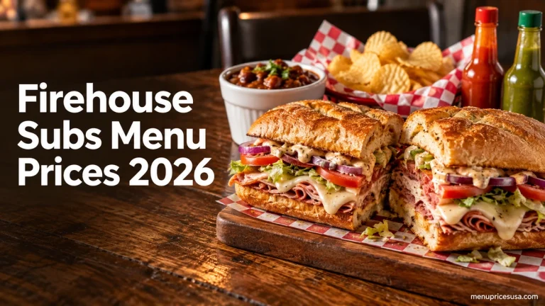 Firehouse Subs menu prices 2026 with a hot sub, chips and the Hot Sauce Wall bottles