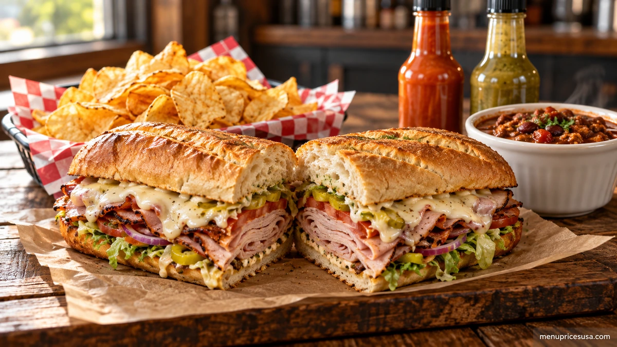 Firehouse Subs menu prices 2026 with a hot sub, chips and the Hot Sauce Wall bottles